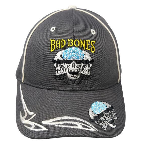 Bad Bones Strapback Baseball Cap Gray One Size Skull Embroidered 6 Panel - Picture 1 of 8